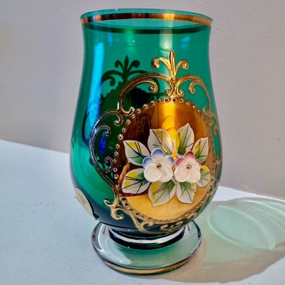 Evpas Handpainted Gold Bohemian Green Glass Vase - Picture 2 of 9